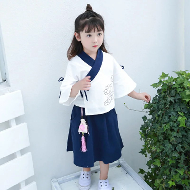 2019 Summer New Children's Clothing Girls Cotton and Linen Chinese Style Dress National Wind Retro Two-piece Sachet Kimono Set |