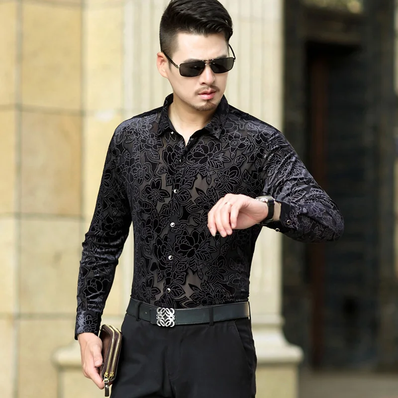 New design male casual see through shirts hollow floral long sleeve clothes mens sexy transprant dress shirt | Мужская одежда