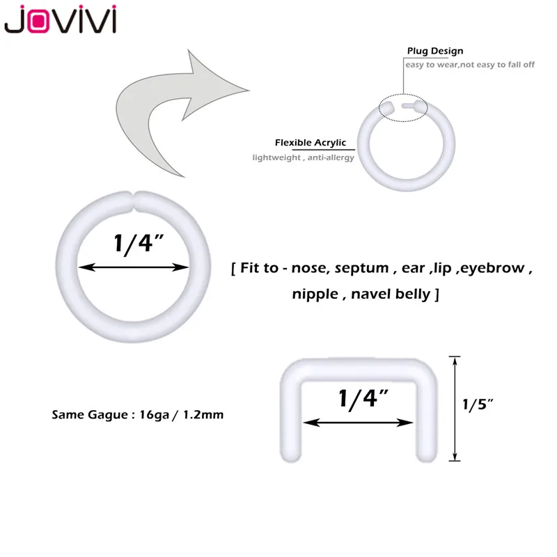 Jovivi 40 шт. 14 г 16 прозрачные гибкие акриловые кольца для перегородки носа фиксаторы