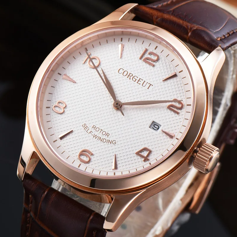 Corgeut 42 мм Мужские автоматические часы Miyota 821A Mov не белые с циферблатом Rosegold чехол