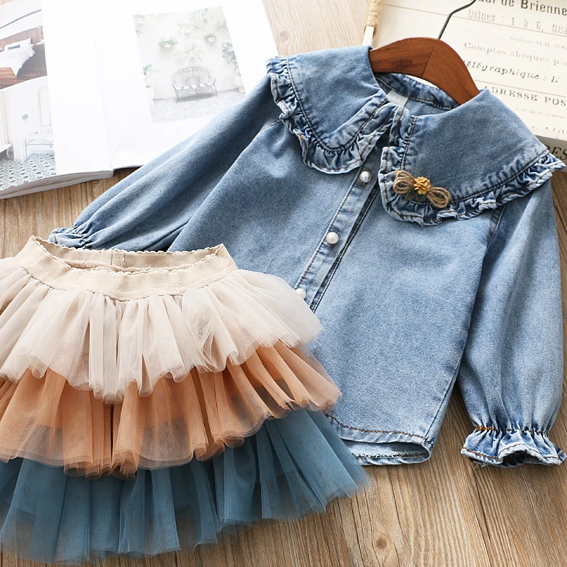 

IYEAL Girls Clothing Sets New Spring Kids Clothes Long Sleeve Denim Shirts+Tutu Cake Skirt 2Pcs Children Toddler Outfit