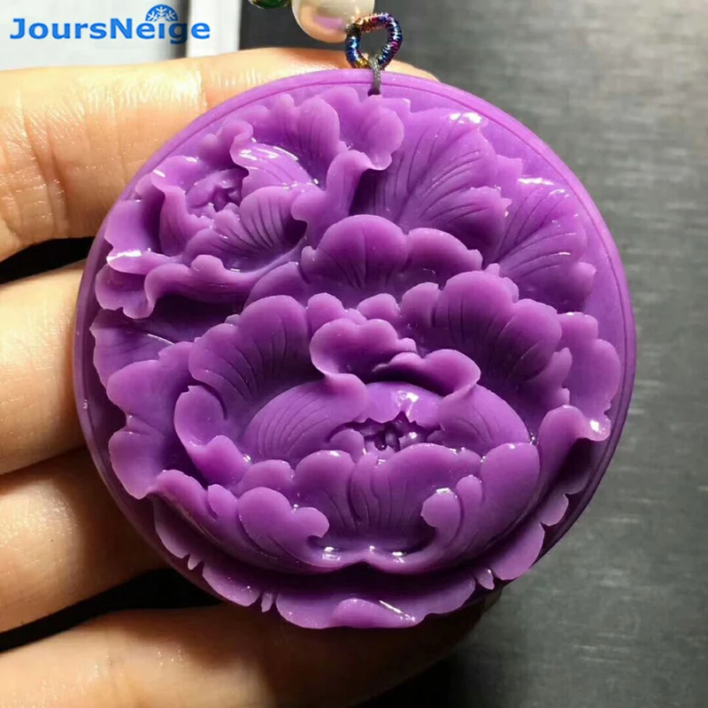 

Wholesale Purple Natural Mica Pendant Hand Carved Peony Flower Sweater Chain Necklace Lucky for Women Blooming Rich Jewelry
