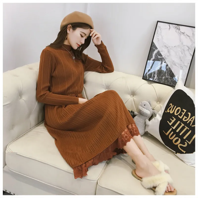 D00291 jiao tang New Knit Midi Dress Women Autumn Long Sleeve Solid Knitting Dresses Female Turtleneck Lace Patchwork Party Dress Casual Clothes - Цвет: D00291 jiao tang