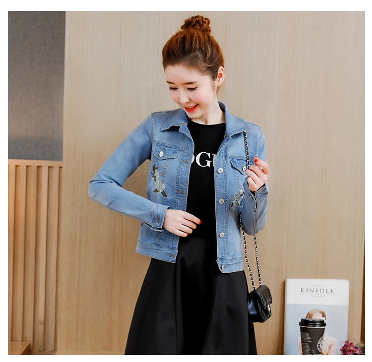PLAMTEE винтажная женская джинсовая куртка с цветочной вышивкой Kpop Bomber зимние куртки женские короткие пальто с длинным рукавом Jaqueta Новинка