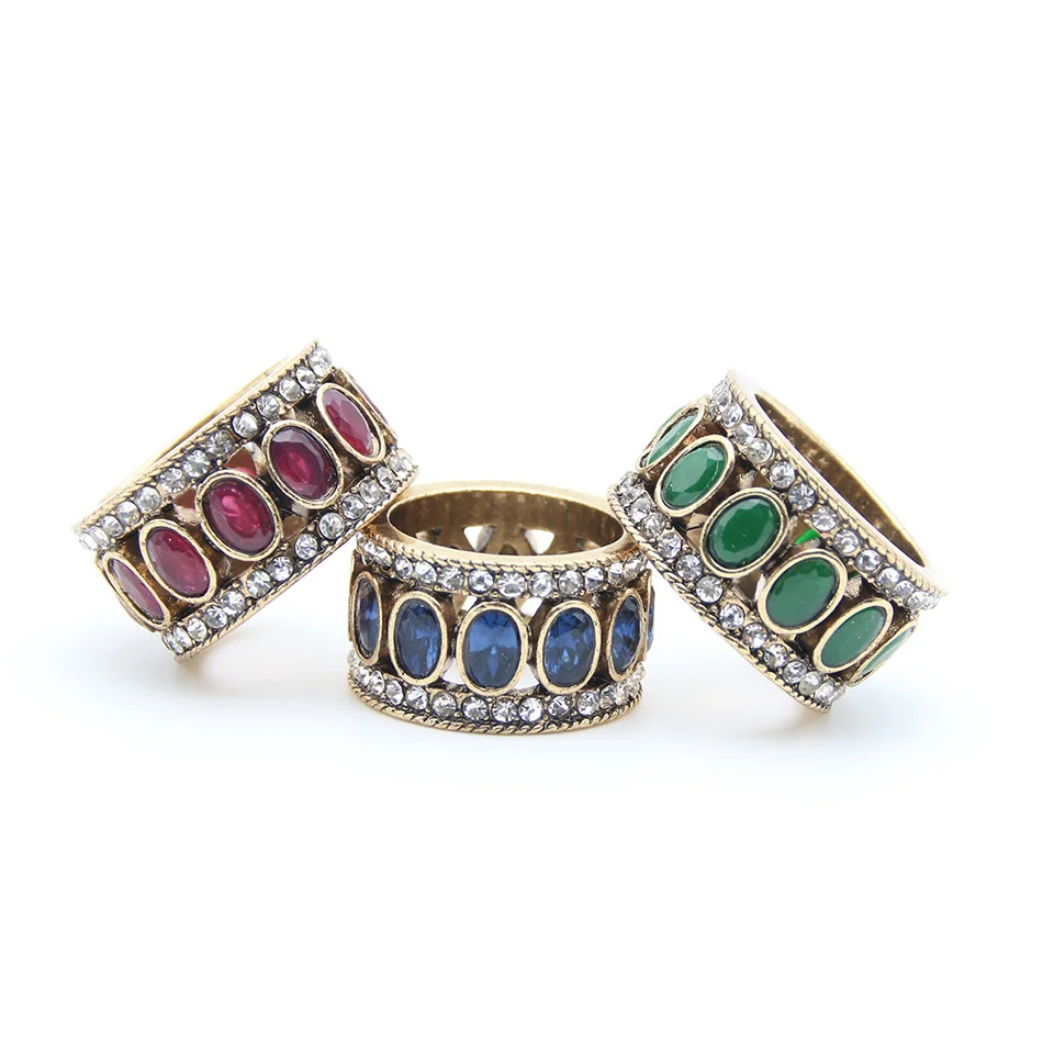 Wholesale European Vintage Royal Round Wide Finger Rings Antique Gold Color Women Resin Wedding Indian Turkish Jewelry | Украшения и