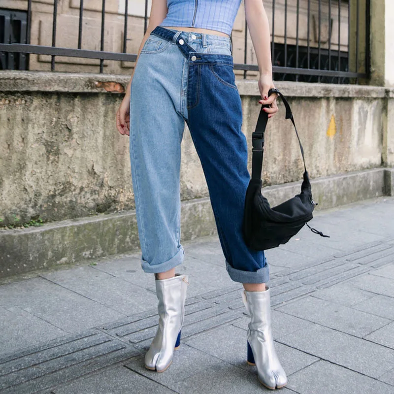 TWOTWINSTYLE Лоскутные хит цвета брюки для женщин Высокая талия лодыжки Длина Джинсовые штаны Большие размеры осенние модные джинсы женские