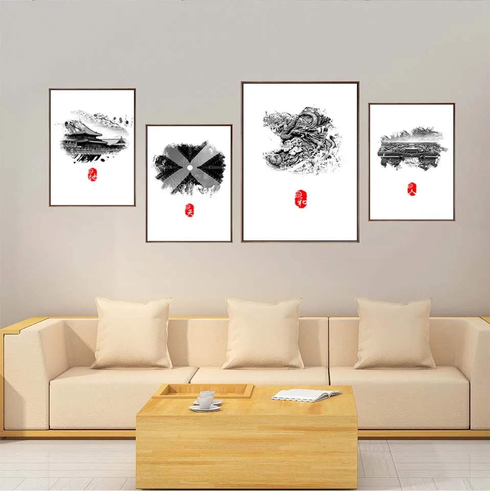 Home Decoration Print Canvas Paintings Wall Art Poster Picture For Living Room Black white Create Chinese ink and wash | Дом и сад