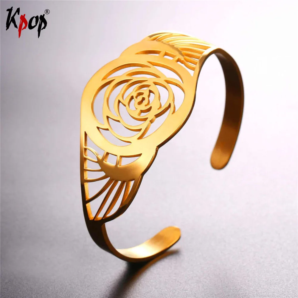 

Kpop Stainless Steel Hollow Rose Flower Adjustable Cuff Bracelet Bangle For Women Jewelry Gold Color Round Bracelets H2590