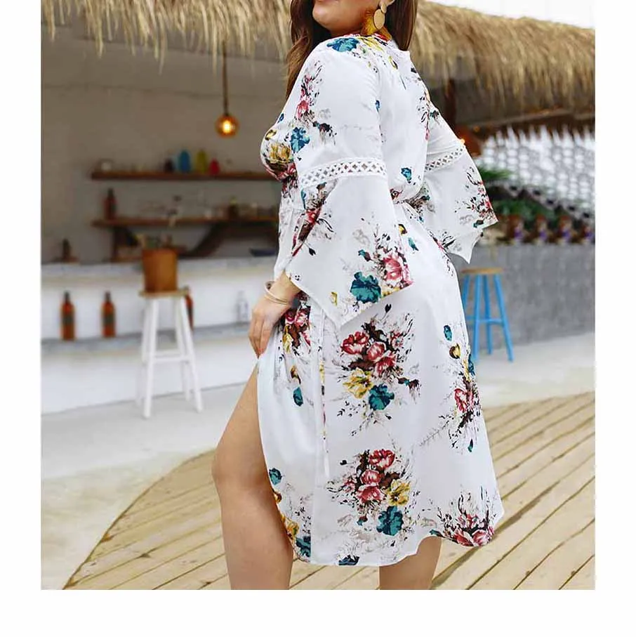 Женское платье с цветочным принтом Boho средней длины завязками сбоку и длинным