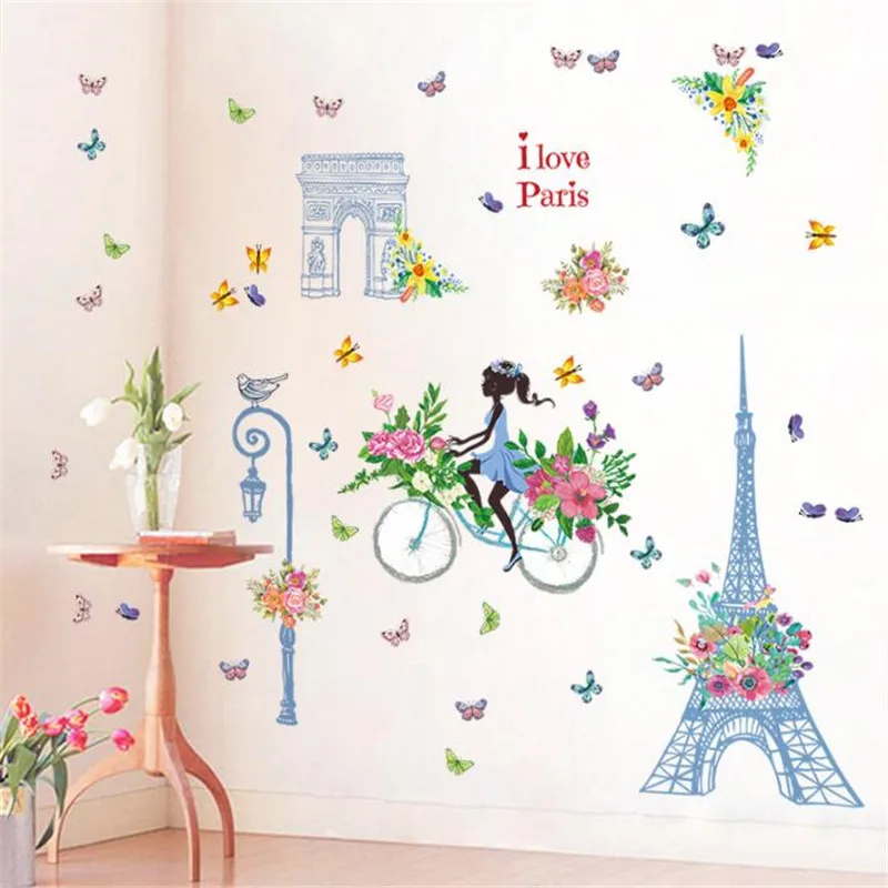 IDFIAF девушка езда велосипед Бабочка Цветы наклейки на стену для детей комнаты