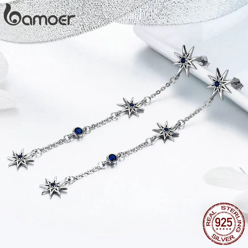 BAMOER, длинные серьги, 925 пробы, серебряные, синие, CZ, Вселенная, цепочка, серьги-капли для женщин, корейские, нежные ювелирные изделия GAE060