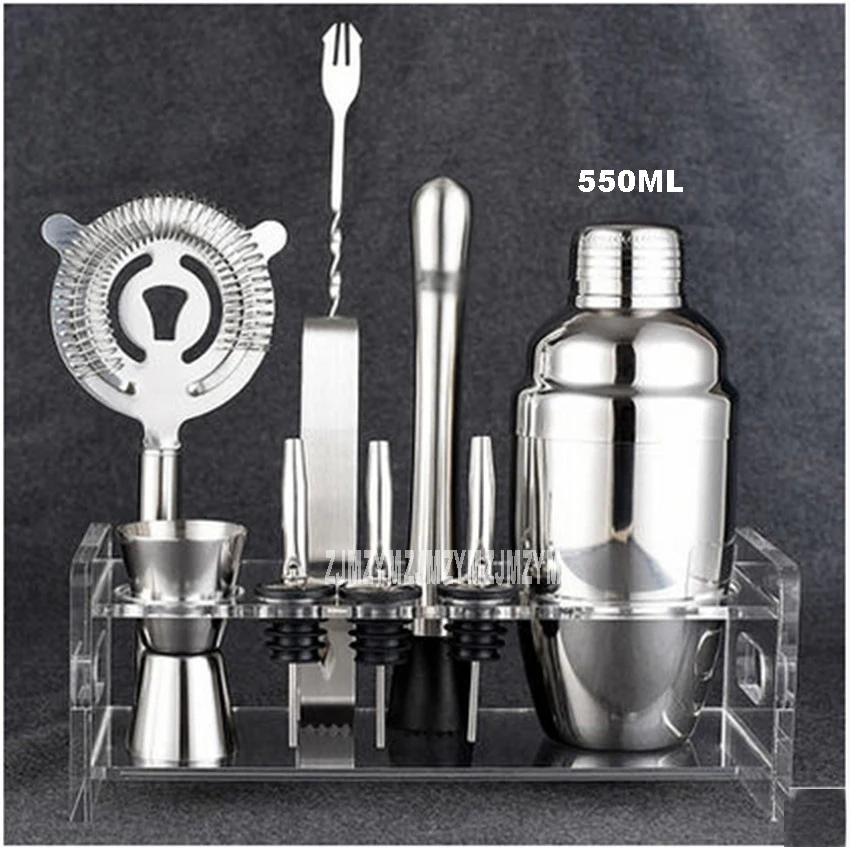 Hot Sale HY1563a 550ML Cocktail Shaker Set / 10 Pieces includes Tin, Jigger, Ice Tong, Strainer, Rack, Pourer, Muddler & Spoon