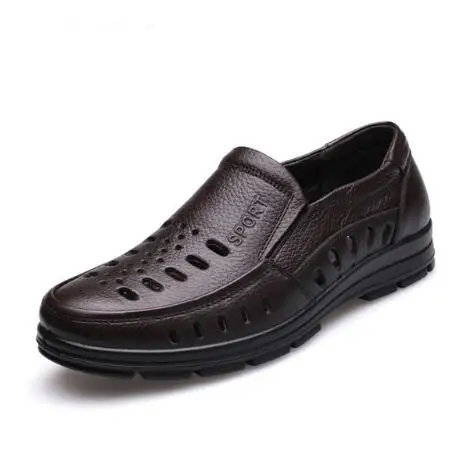 slip on brown Мужские сандалии; Новинка; Летняя обувь из натуральной кожи вентиляции Для Мужчин's Деловые повседневные туфли мужские брендовые сандалии черные коричневые M403 - Цвет: slip on brown