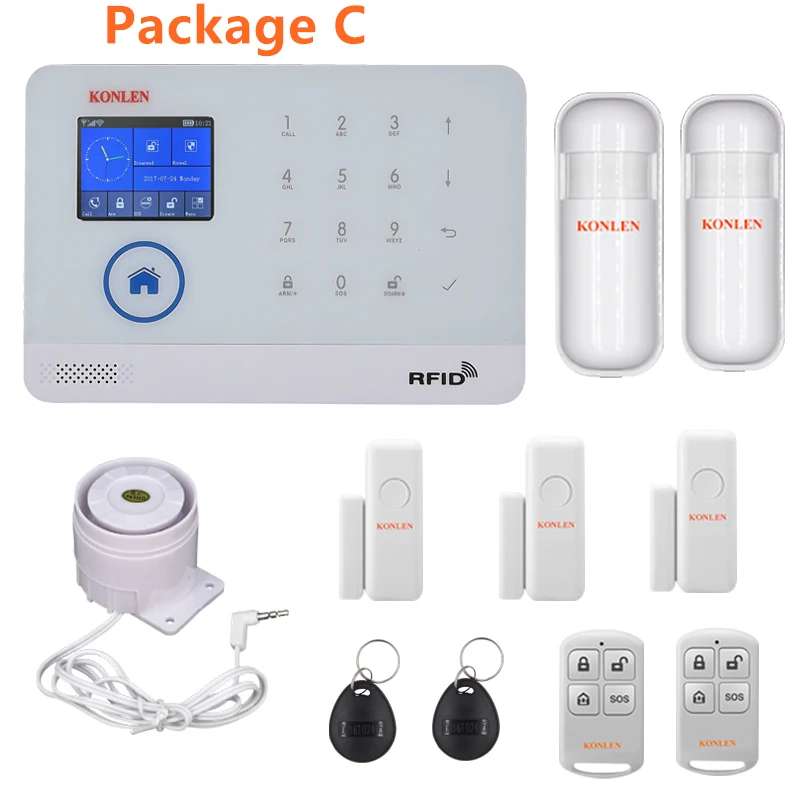 Package C KONLEN wifi GSM RFID охранная домашняя охранная сигнализация Беспроводная Android русская испанская Голосовая Солнечная Сирена датчик дыма двери - Цвет: Package C
