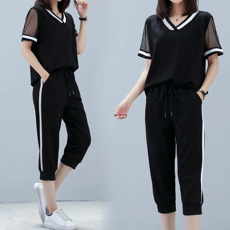 Женские Летние повседневные Черные футболки с кружевом больших размеров + черные