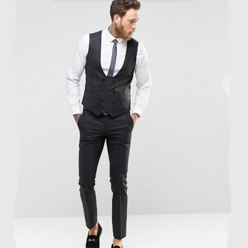 

new Suit Black double breasted men waistcoat Fashion groom tuxedos vest high quality wedding best man dress Waistcoat