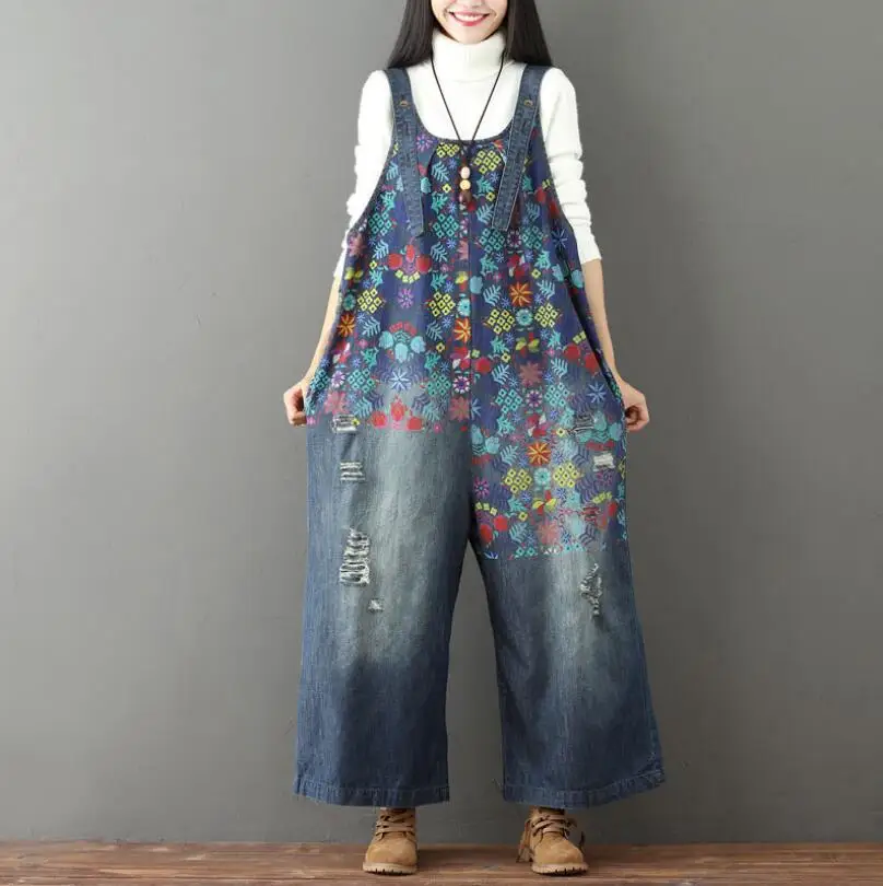 

Women Retro Printed Holes Ripped Jumpsuit Ladies Denim Bleached Wide Leg Overalls Female Vintage jean Rompers body feminino p519