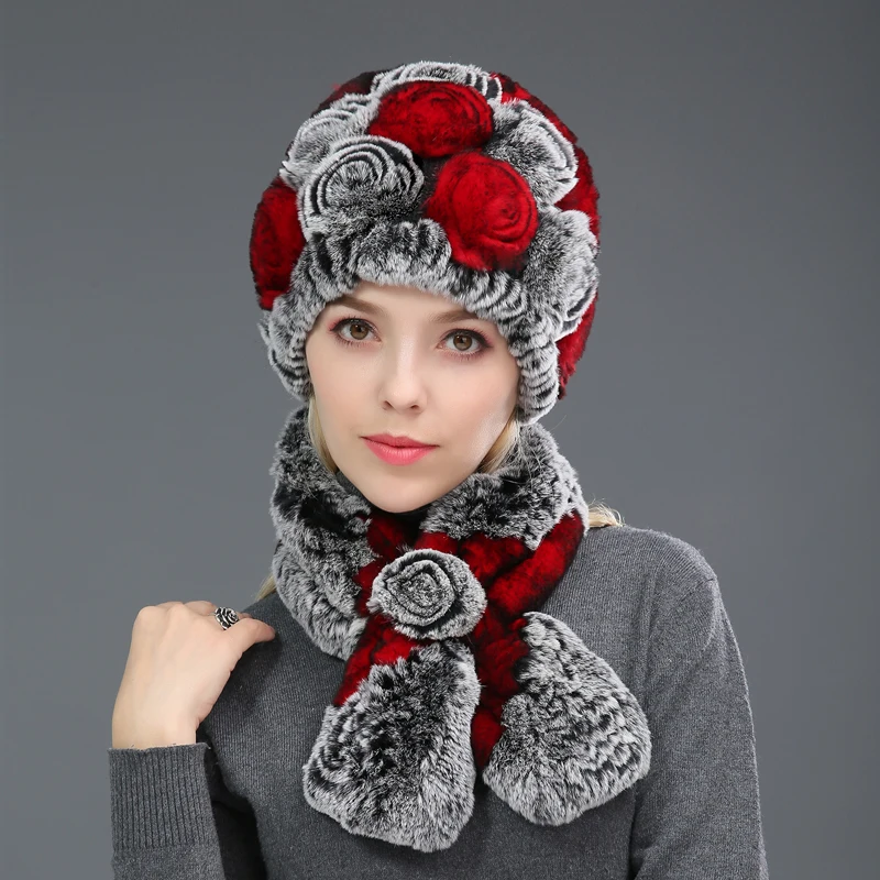 

New Winter Women's Thickening Warm Ear Muff Hat and Fur Scarf Neckerchief Real Rabbit Hair Bomer Hat For Women, C023