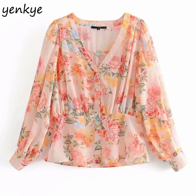 Modis 2019 Женская прерия шик цветочный принт шифоновая блузка милая леди V шеи с