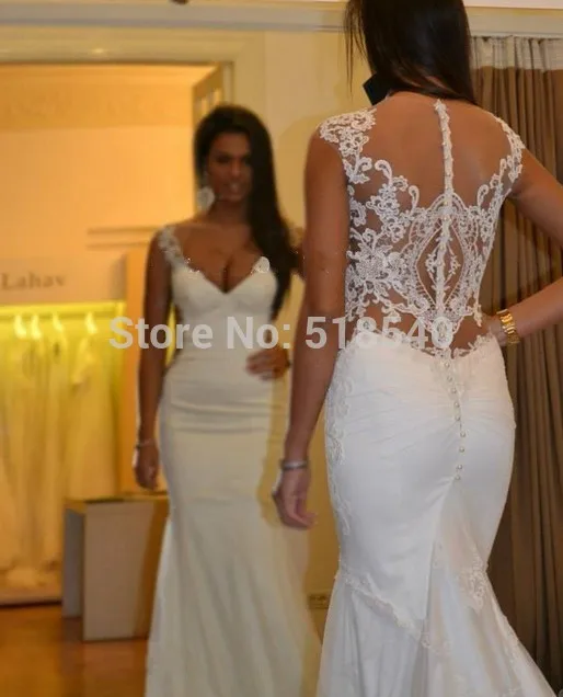 L-TD-15 Top Quality Sexy Slim Bridal Gown V-neck Cap Sleeve Vestidos De Noiva Long White Lace Mermaid Wedding Dresses 2014 | Свадьбы и