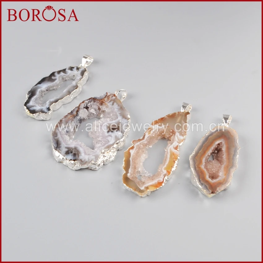 

BOROSA Silver Color Natural Onyx Druzy Stone Geode Slice Pendant Bead Drusy Geode Pendant Druzy Jewelry SS013