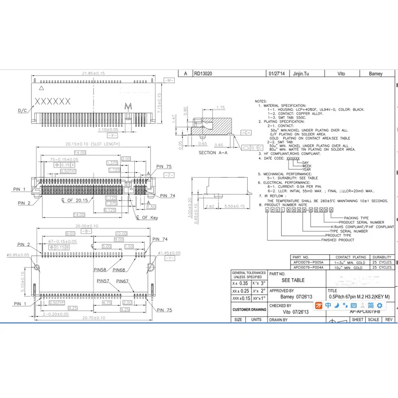 Разъем M.2 10 шт. 67P ключ M разъем интерфейса NGFF SSD H = 3 2/4 8/6 7/8 5|Компьютерные кабели и