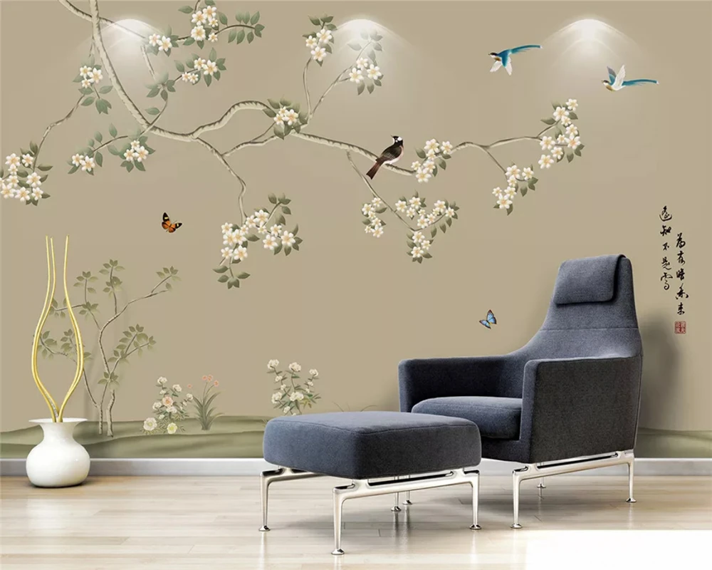 beibehang Custom wallpaper hand drawn flowers birds background plum blossom peach wall papers home decor papier peint | Обустройство