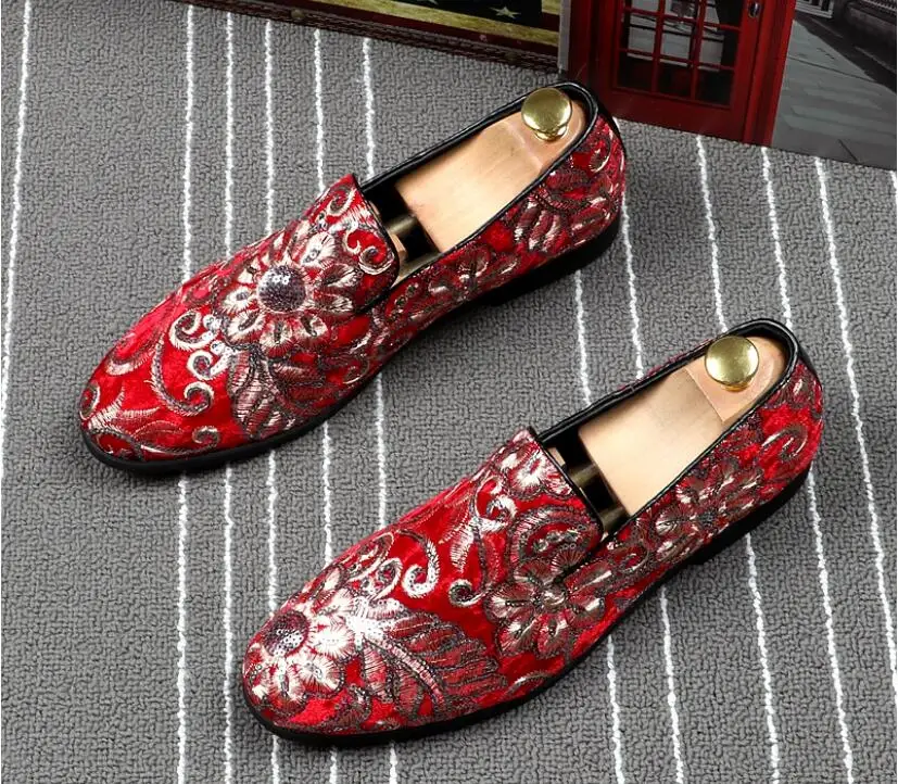 Gold RED Embroidered Luxury Loafers Shoes Men Round Toe Sewing Dress Wedding Shoes Male Slip On Rihanna Creepers Casual Flats