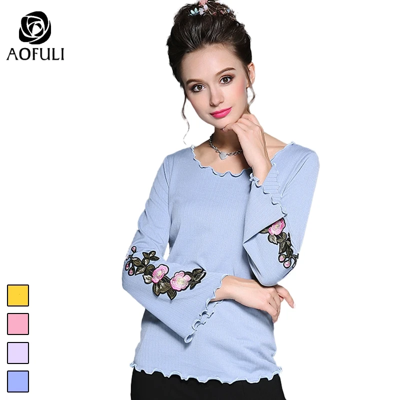 Размер M/L/XL топы с длинными рукавами и цветочной вышивкой волнистый вязаный