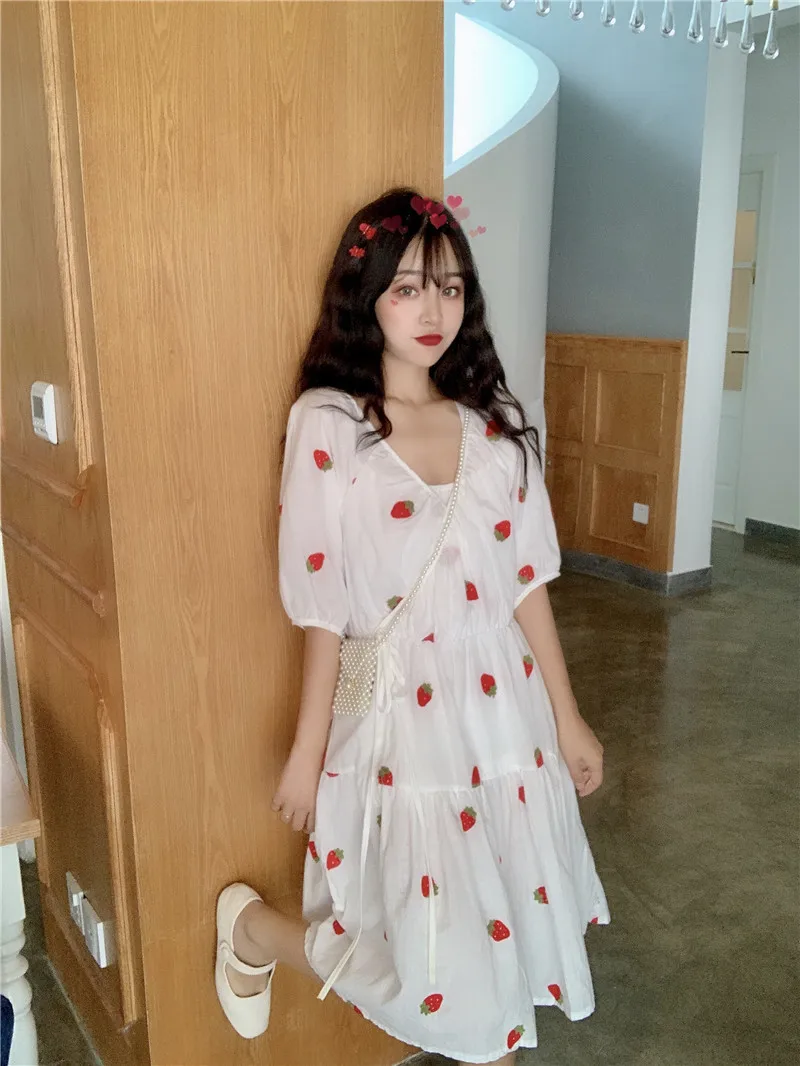 Винтаж милый с высокой талией тонкое платье принтом клубника Для женщин милые
