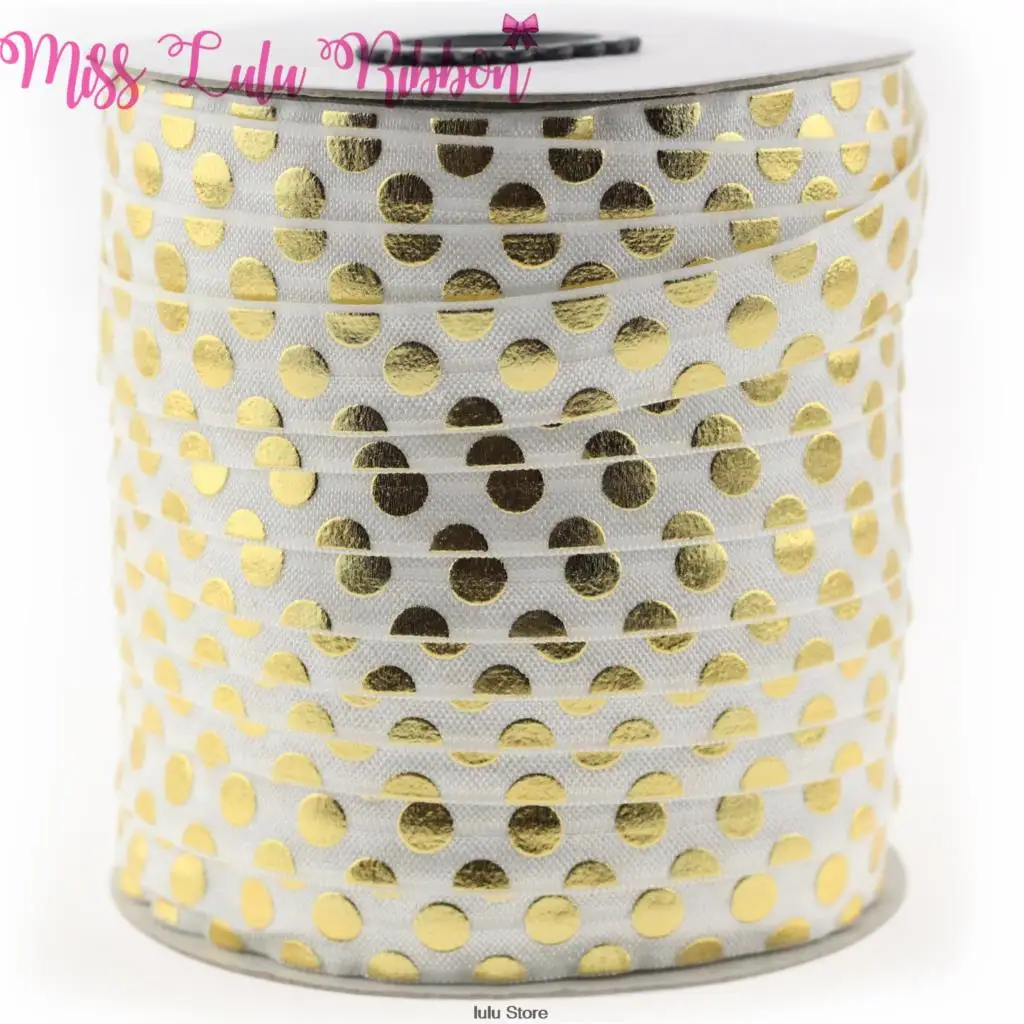 5/8&quot16mm(1.5cm) white gold foil polka dots printed fold over elastic ribbon glitter band handmade hair bows sewing tool 50 yards | Дом и