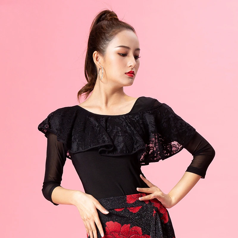 2019 New Latin Dance Tops Long-Sleeved Female Adult Net Yarn Splice Standard Women Clothing Ballroom Salsa Samba DL3620 | Тематическая
