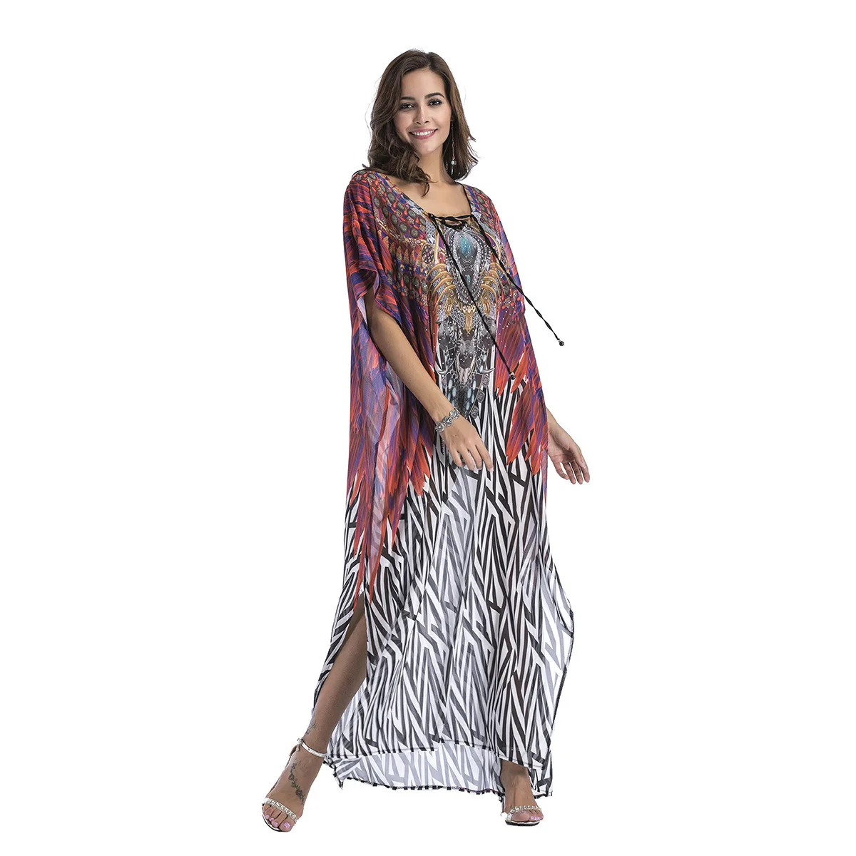 Feiterawn Summer V Neck Rhinestone Boho Print Loose Dress Women Chiffon Long Maxi Dresses Plus Size Leopard Beach | Женская одежда