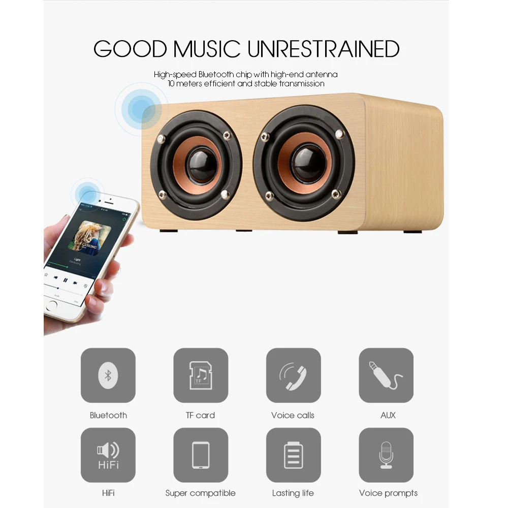 Деревянная Беспроводная bluetooth колонка портативная Hi Fi 3D стереоколонка с двумя