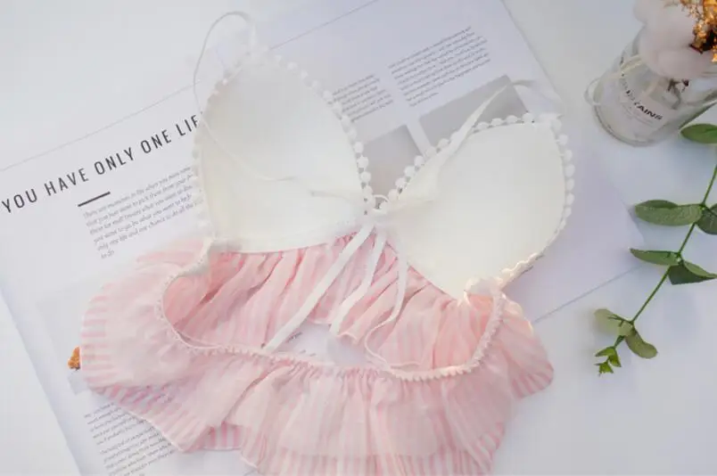 

Kawaii Japanese Lolita Princess Lingerie Set Striped Flouncing Bra & Briefs Bikini Brassiere Set Women's Bra Panties Vest Type