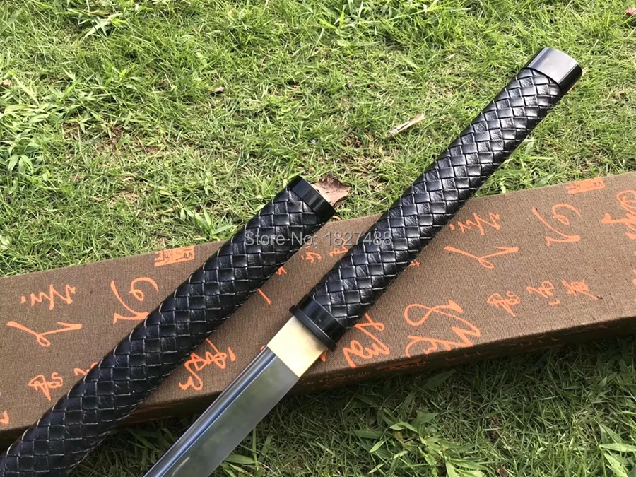 Leather Saya Japanese Samurai Straight Sword Katana Full Tang Spring Steel Sharp Ninja Cosplay Real Fighting Knife Saber
