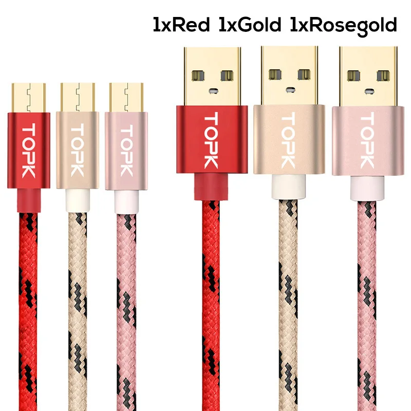 TOPK [3-Pack] 5 V/2,4 A(макс.) Micro USB кабель, нейлоновый плетеный металлический корпус позолоченный зарядный кабель для samsung/Xiaomi/huawei - Цвет: 1 Red 1 Gold 1 Roseg