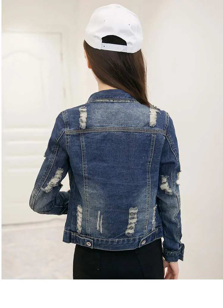 2017 осенние женские куртки Модная Джинсовая куртка с дырками длинными рукавами