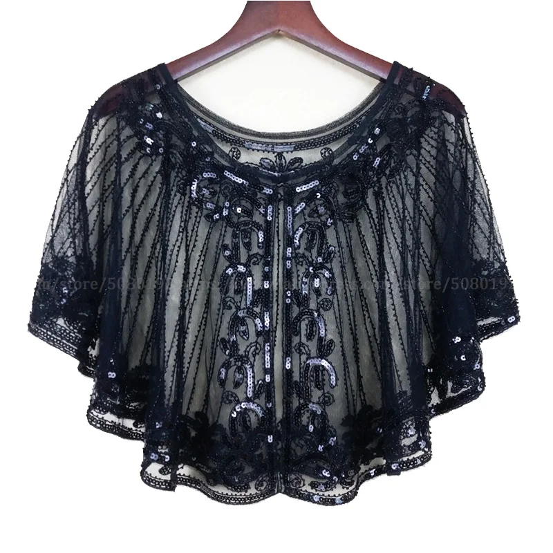 Black Sequin Shawl Гэтсби вечерние накидка, расшитая бисером Винтаж 1920s черная сетка& блесток Хлопушка Capelet вышивка Шаль с бахромой накидка для платья - Цвет: Black Sequin Shawl