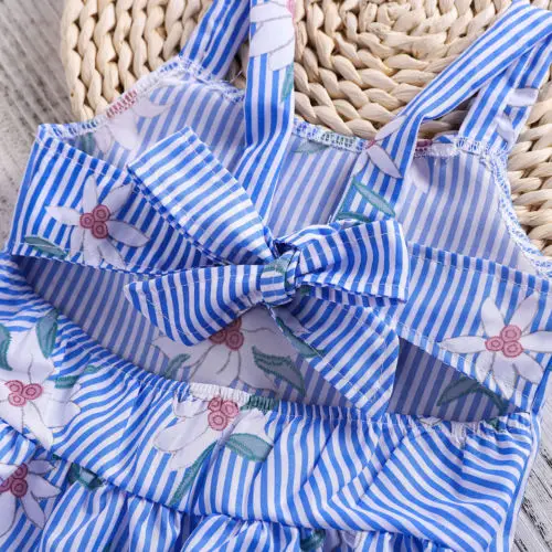 Newborn Blue Striped Floral Dress Summer Baby Girl Kid Strap Sleeveless Princess Children Sundress Clothes | Детская одежда и