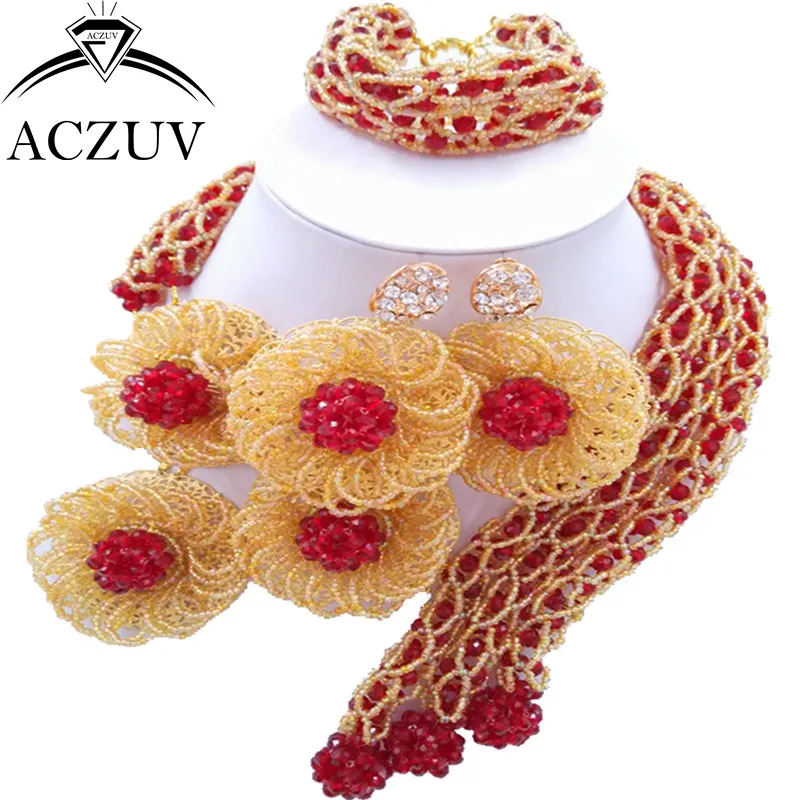 

ACZUV Latest Exaggerated Big Choker Necklace for Women African Jewelry Set Wine Gold Crystal Nigerian Beads C3F018