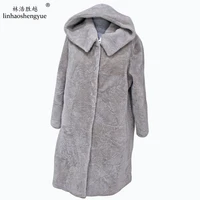 linhaoshengyue sheeps cashmere women long coat with hood special cap collar fashion women coat