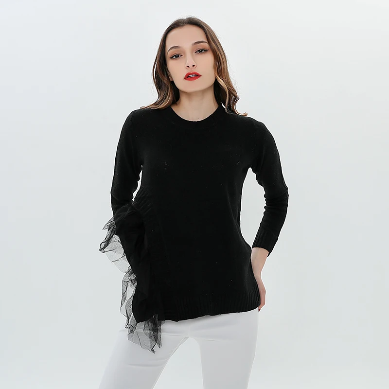 TWOTWINSTYLE Patchwork Mesh Ruffle Sweater For Women Knitted Pullover Female Jumper Black Knitting Tops Large Size Clothing 2020 | Женская
