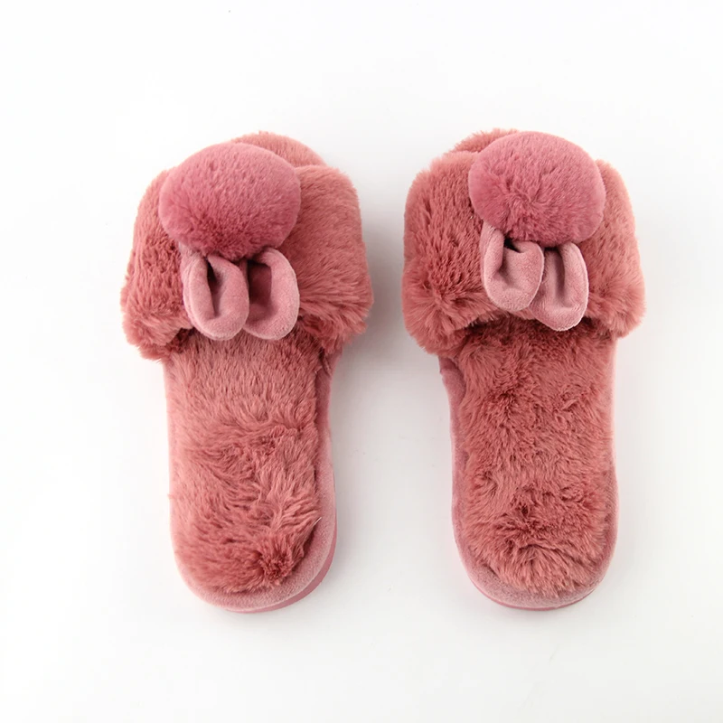 Зимние домашние Мягкие тапочки для Для женщин с открытым носком кролик помпон