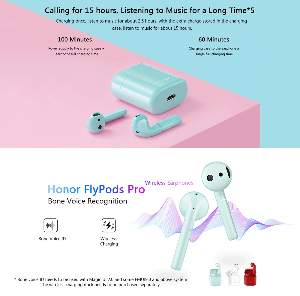 Honor FlyPods Pro беспроводные наушники Bluetooth 5,0 IP54 водонепроницаемые TWS Hi-Fi двойной кран управление костной голосовой ID Беспроводная зарядка