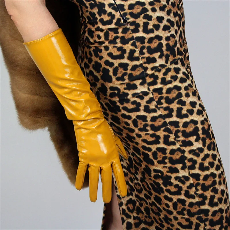 40cm Patent Leather Gloves Long Section Warm PU Emulation Leather Mirror Bright Leather Yellow Egg Yolk Ginger Yellow WPU33-40