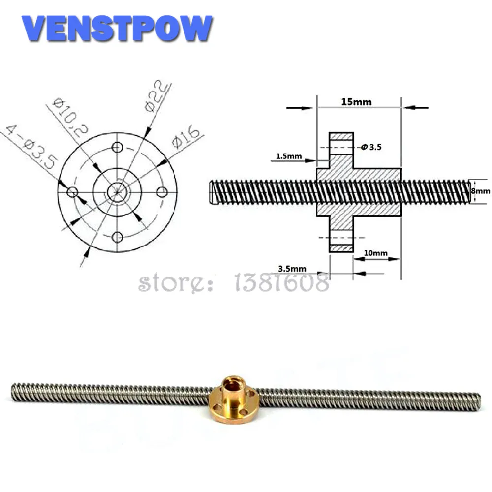 1 шт. T8 свинцовый винт диаметром 8 мм шаг 2 длина 150/250/350/450/550/650 с латунной гайкой для