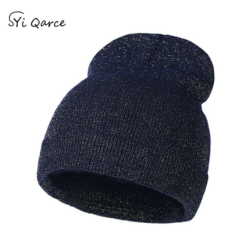 Navy 1 SYi Qarce, женская зимняя блестящая вязаная шапка, Шапка-бини, головной убор, хип-хоп Балаклава, мешковатая Кепка для женщин, мужчин, NM254-62 - Цвет: Navy 1