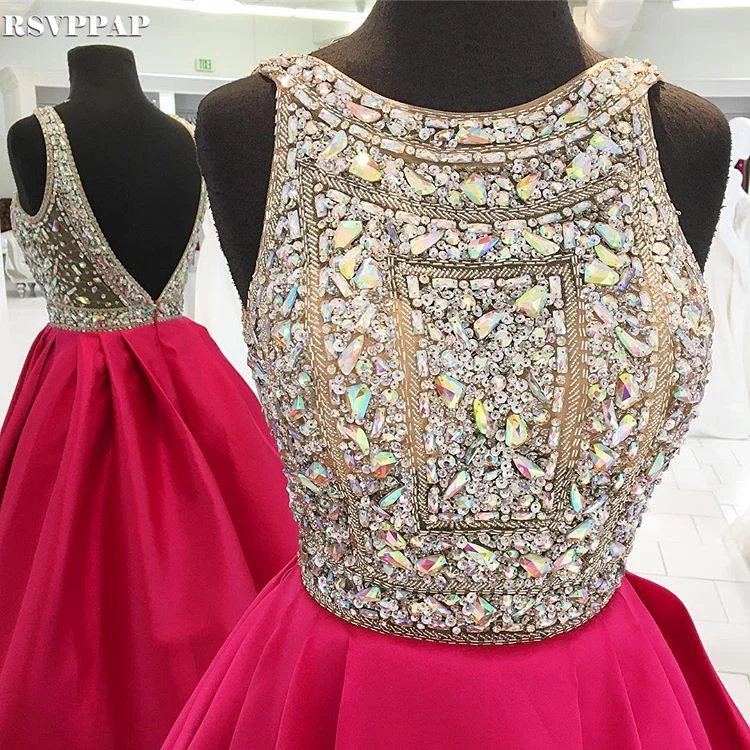 

Long Evening Dress 2020 Elegant Heavy Sparkly Beaded Crystals Hot Pink Backless Women Formal Evening Gowns robe de soiree