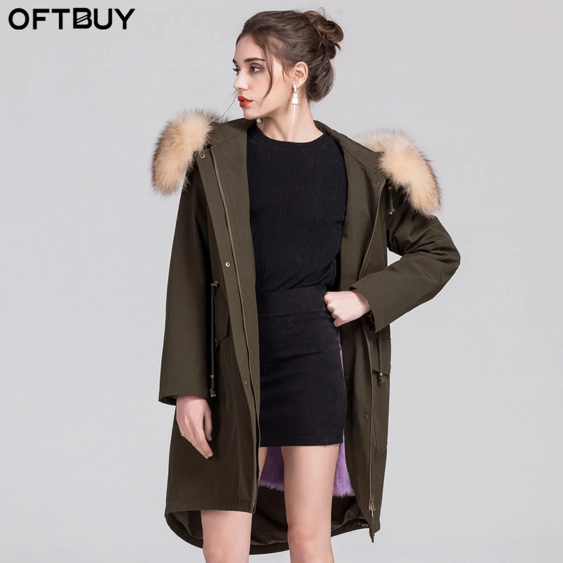 Oftbuy Новинка 2017 года Fashion хаки зимняя куртка женские парки пальто с мехом Real Natural